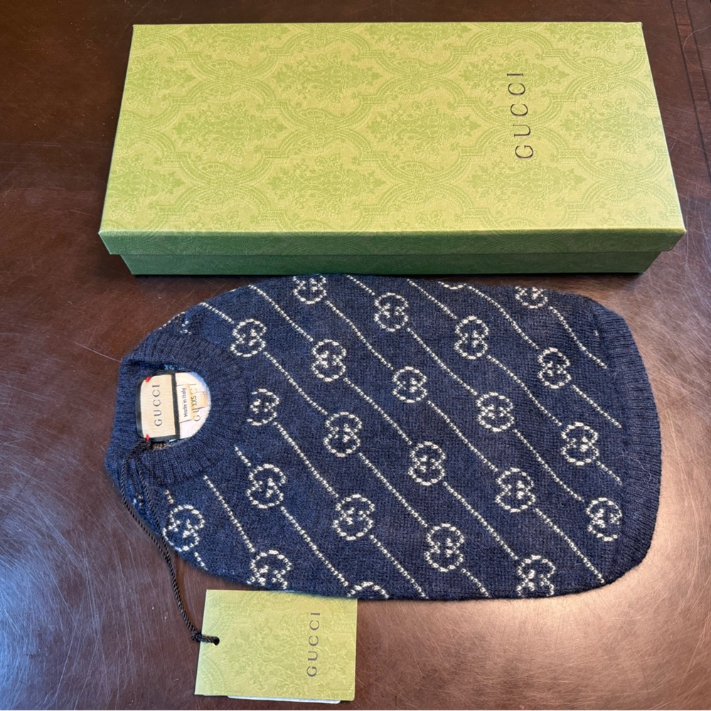 New Authentic Gucci GG Logo Dog Wool Sweater Vest Blue - Picture 10 of 16